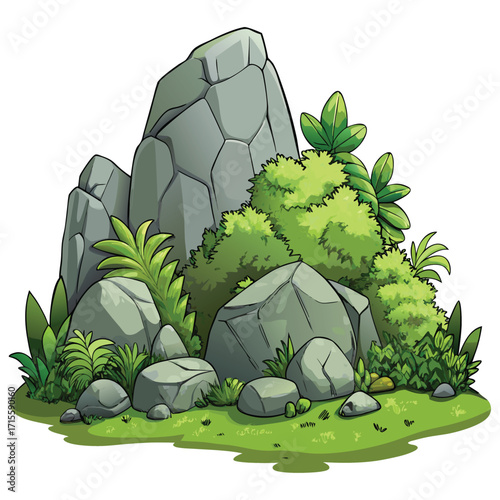 Rocky outcrop with lush green foliage and grassy ground rocks stones