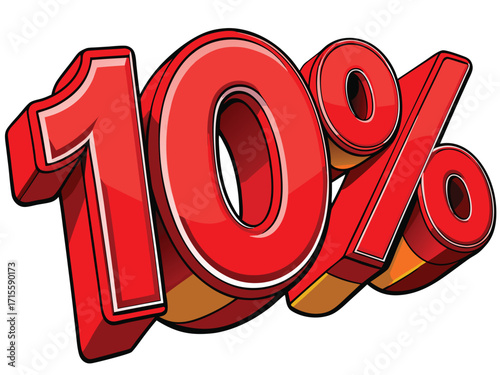 Bold red ten percent symbol with dimensional shading percentage discount