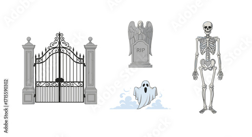 Create spooky Halloween scenes with a gate tombstone ghost and skeleton ready to scare perfect for invitations and party decorations, Generative AI.