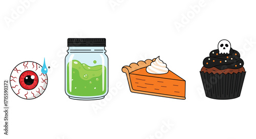 Spooky Halloween treats and potion - eyeball green poison pumpkin pie and skull cupcake for your eerie holiday designs and party invitations, Generative AI.