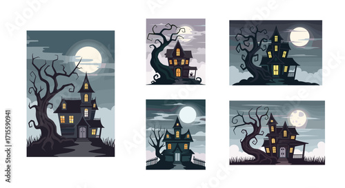 Spooky haunted mansions silhouetted against the moonlight perfect for Halloween event promotions and eerie seasonal themes, Generative AI.