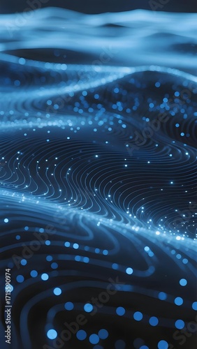 Abstract digital wave pattern with glowing blue particles and flowing lines on a dark background