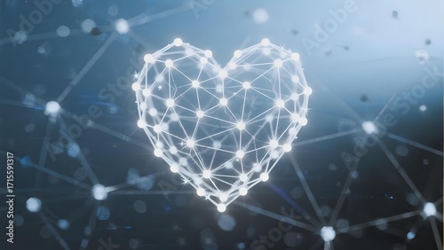 Digital heart composed of connected nodes and glowing lines against a network background