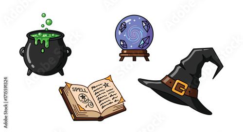 Conjure up some magic with this cauldron crystal ball spell book and witch hat perfect for spooky season crafts and enchanting designs!, Generative AI.