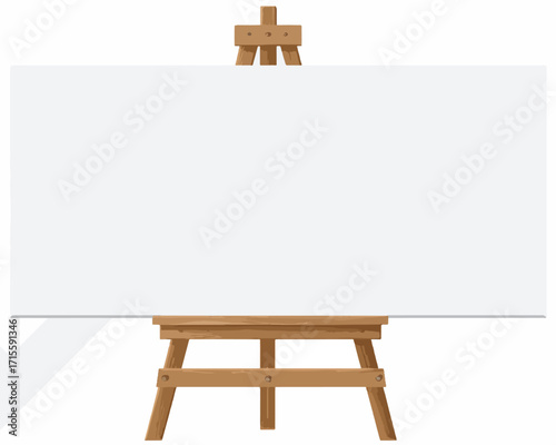 白いキャンバスと木製イーゼル、創造性と芸術的表現の始まりを象徴するミニマルなデザイン