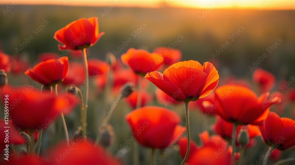 Fototapeta premium Radiant Poppies in Sunset's Embrace: A breathtaking view of a field of vibrant red poppies gently swaying in the breeze, bathed in the golden glow of a sunset.