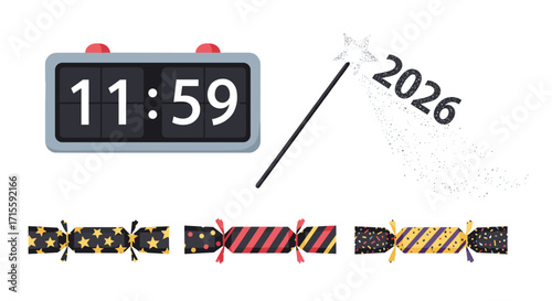 Countdown to 2026 New Year's Eve party with festive crackers and digital clock ticking down to midnight for joyful holiday celebrations, Generative AI.