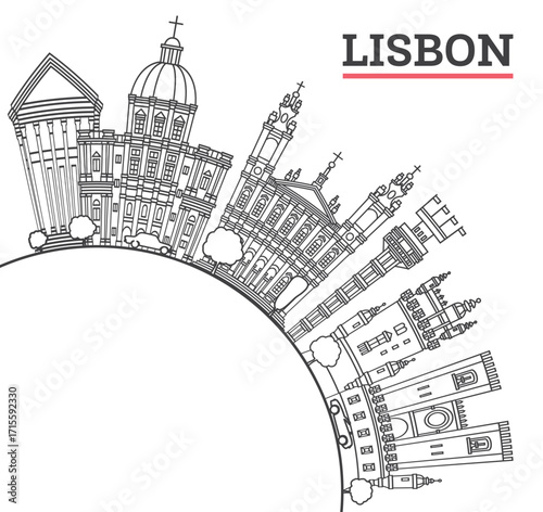 Outline Lisbon Portugal City Skyline with Historic Buildings Isolated on White. Lisbon Cityscape with Landmarks and copy space.