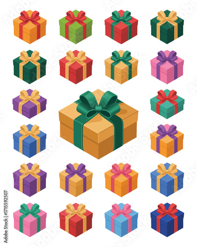 Colorful isometric gift boxes with festive ribbons and bows. A vibrant vector illustration set for holidays, celebrations, birthdays, and special occasion design projects