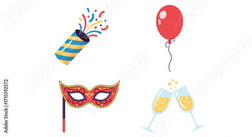 Let's party! Confetti popper red balloon mask and champagne glasses create a fun festive atmosphere for celebration and special occasions, Generative AI.