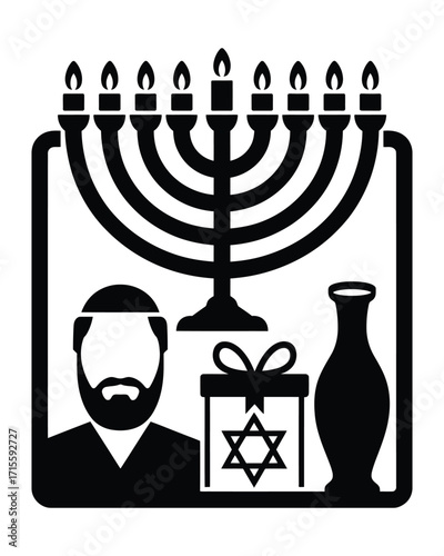 Graphic illustration representing the cherished Hanukkah festival, featuring essential symbols like the Menorah, a traditional figure, and a Star of David gift, celebrating Jewish heritage and light
