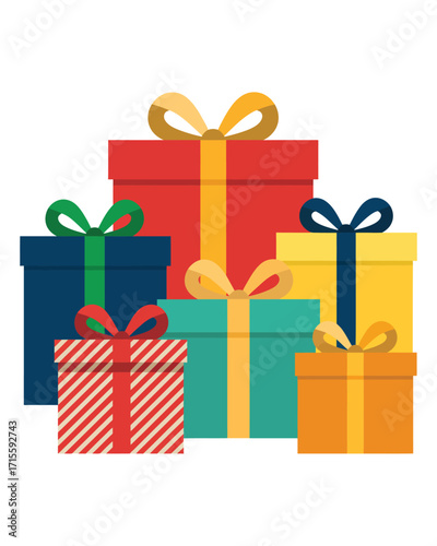 A festive and colorful assortment of wrapped gift boxes adorned with decorative ribbons, symbolizing joy, celebration, and the spirit of giving for holidays, birthdays, and special occasions