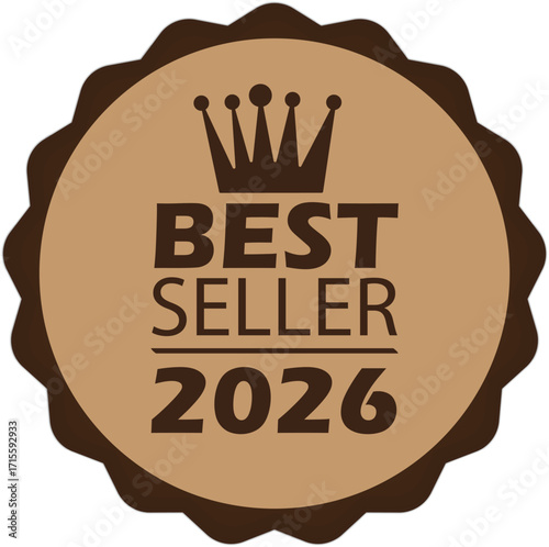 Best seller 2026 badge with crown, brown color, and circular shape design
