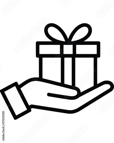 Clean line art silhouette illustration depicting a human hand presenting a festive gift box, embodying themes of generosity, celebration, and heartfelt surprises for any occasion