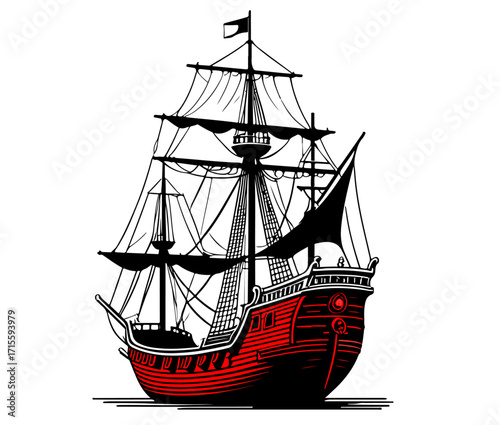Vintage Pirate Ship Illustration: Sailing Vessel Art, Nautical Adventure Graphic Design.