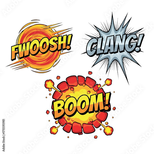 Sound Effect Word Bubbles Illustrating Action and Impact