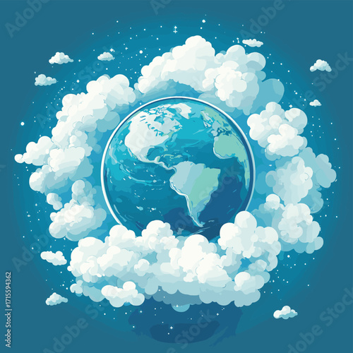 Captivating globe surrounded by ethereal clouds symbolizing global connectivity and the interconnected world , vector style simple color