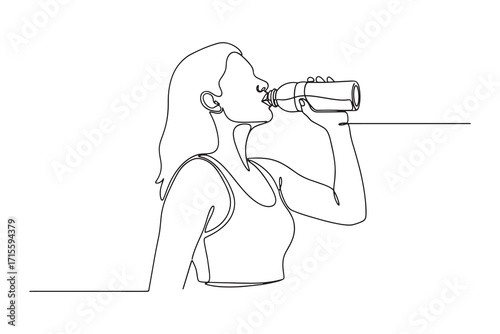Continuous Line Drawing of a woman drinking water from a bottle
