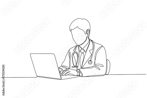 Continuous Line Drawing of a doctor working on a laptop