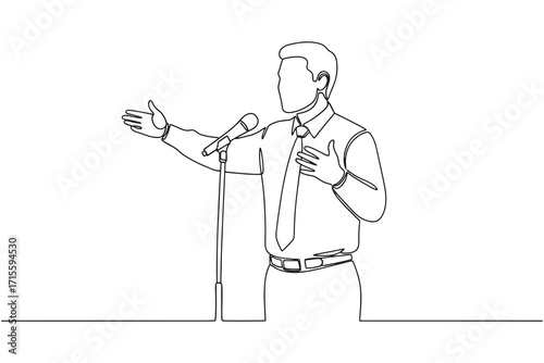 Continuous Line Drawing of a man speaking at a podium with a microphone, gesturing with his hands