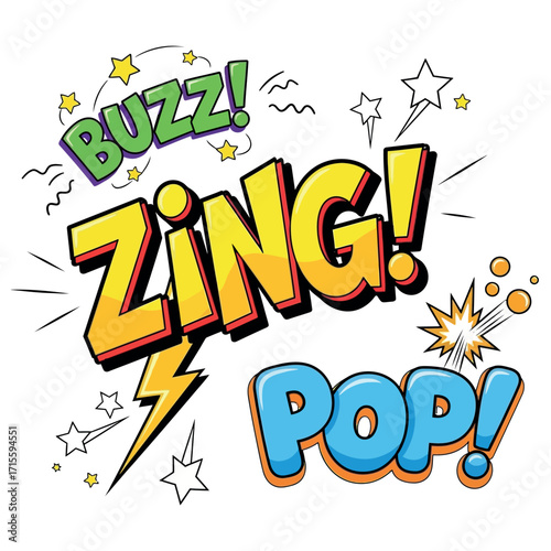Retro Comic Book Sound Effects Words Buzz Zing Pop Explosions and Stars