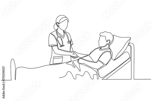 Continuous Line Drawing of a nurse holding patients hand in hospital bed