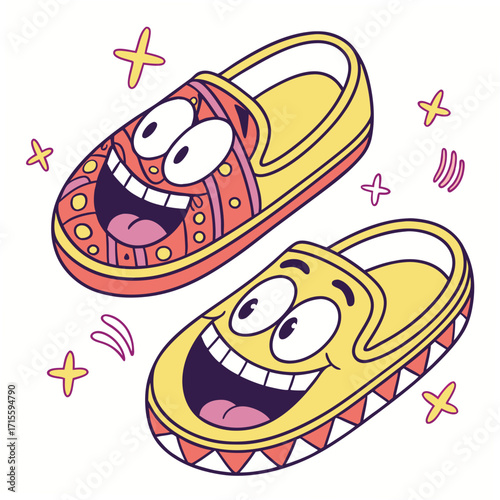 Vector art of a vibrant pair of cartoon shoes with cheerful faces, , showcasing unique patterns and joyful expressions, radiating a sense of fun and playful style