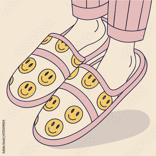 Vector art of a person wearing smiley face slippers, enjoying the comfort and style of cozy footwear, perfect for relaxing at home, creating a cheerful and inviting atmosphere, ideal for selfcare