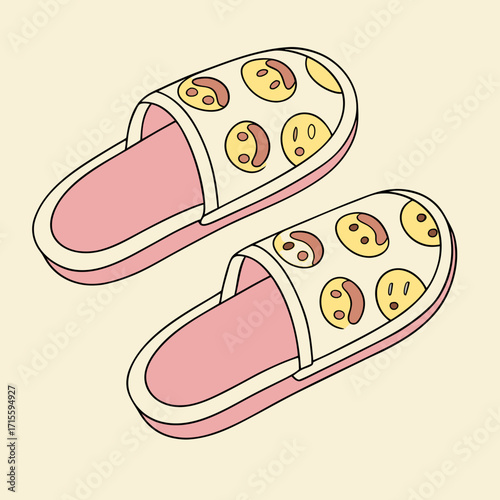 Vector art of a pair of cute slippers with smiley face pattern, perfect for lounging at home, offering comfort and style, creating a cozy and cheerful atmosphere, ideal for relaxation and selfcare