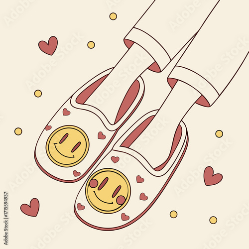 Vector art of a delightful pair of cartoon slippers adorned with smiley faces and hearts, worn with comfy pants, surrounded by playful dots, radiating a cozy and affectionate ambiance