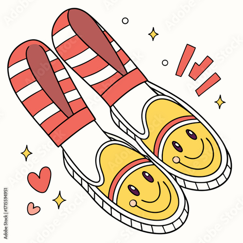 Vector art of a pair of cute slipon shoes with smiley faces and red and white stripes, , showcasing playful footwear with a cheerful design and vibrant colors