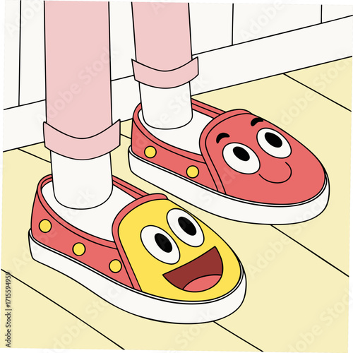 Vector art of a person wearing cute slipon shoes with smiley faces, showcasing playful footwear with a cheerful design, , and vibrant colors on a wooden floor