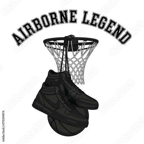Drawing of shoes hanging from basketball net with airborne legend text design