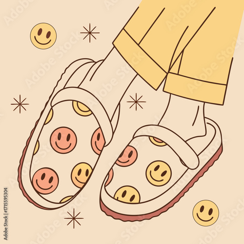 Vector art of a pair of smiley face slippers on a beige background, featuring a person wearing yellow pants and smiley face slippers, creating a cozy and cheerful vibe for relaxation and comfort