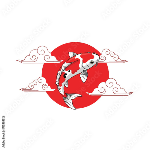 Koi Fish Jumping Red Sun Clouds Asian Japanese Tattoo Design