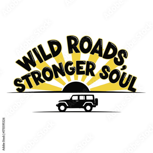 A graphic with text and a silhouette of a car with a rising sun art design