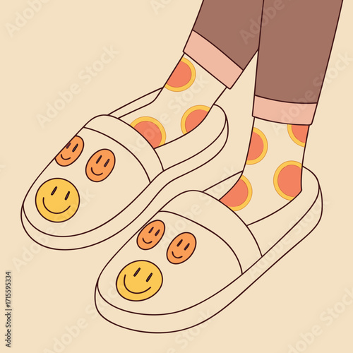 Vector art of a pair of smiley face slippers on a beige background, featuring a person wearing brown pants and smiley face socks, creating a cozy and cheerful vibe for relaxation and comfort
