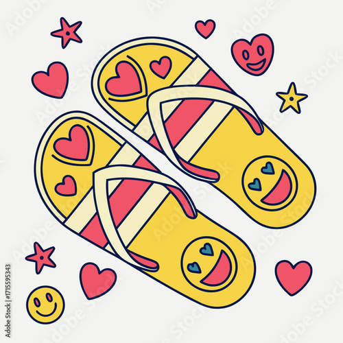 Vector art of a delightful pair of yellow flipflops adorned with hearts and smiley faces, radiating summer vibes and playful charm, a whimsical touch for sunny days