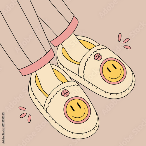 Vector art of a pair of smiley face slippers on a beige background, featuring a person wearing pink pants and smiley face slippers, creating a cozy and cheerful vibe for relaxation and comfort