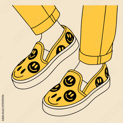Vector art of a pair of yellow slipon shoes with smiley face designs, worn with matching yellow pants, creating a cheerful and stylish look, perfect for casual wear and expressing positivity