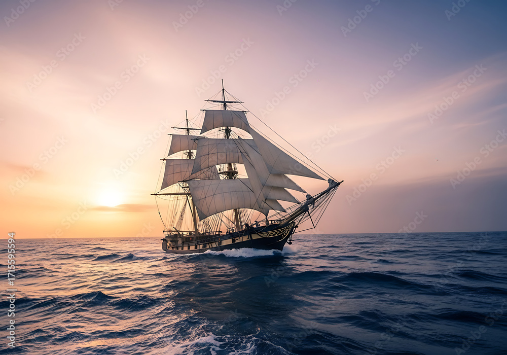 Fototapeta premium Sailing into the Sunset A Majestic Tall Ship Navigating the Ocean's Waves at Dusk