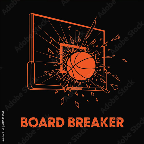 Orange basketball shattering a backboard on a black color background design