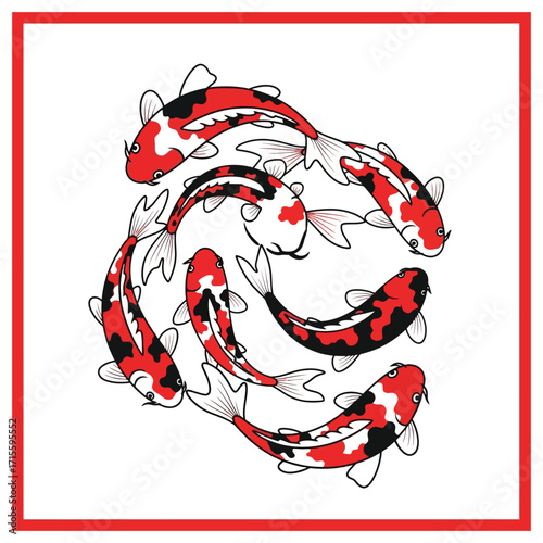Red and White Koi Fish Circle Design Japanese Aquatic Life Asian Culture Nature Illustration
