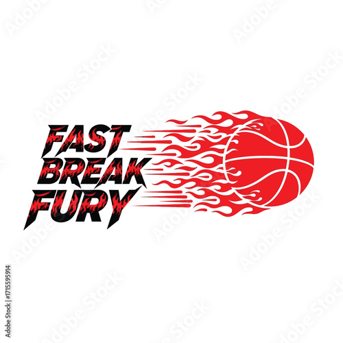 A fiery basketball with fast break fury text on a white background design