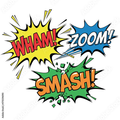 Exciting Comic Book Action Words Wham Zoom Smash Sound Effects