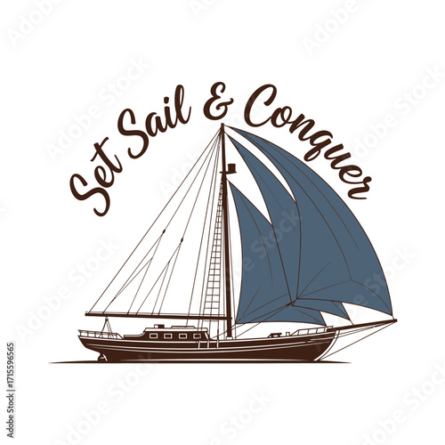 Illustration of a sailing ship with text above the boat artwork here design