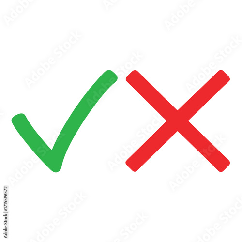 A green checkmark and a red cross symbol on a white background