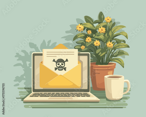 ベクタースタイルのイラスト：開かれたメール、ノートパソコン、観葉植物、マグカップ