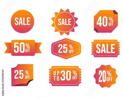 Collection of orange promotional discount tags and sale labels. Modern vector stickers with special offers, percentages, clearance, and retail designs for marketing and advertising