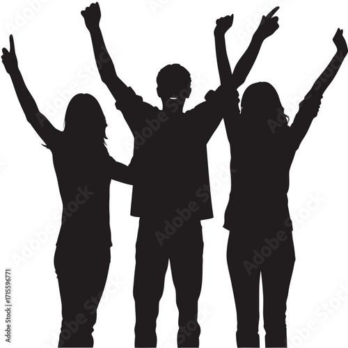 Silhouettes of three people celebrating with arms raised in the air